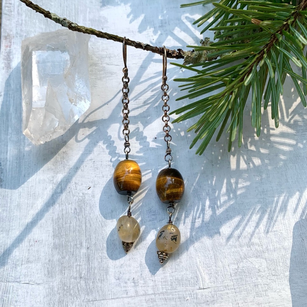 Tiger Eye and Quartz Sterling Silver Dangle Earrings by Anne More Jewelry - Picture 4 of 5